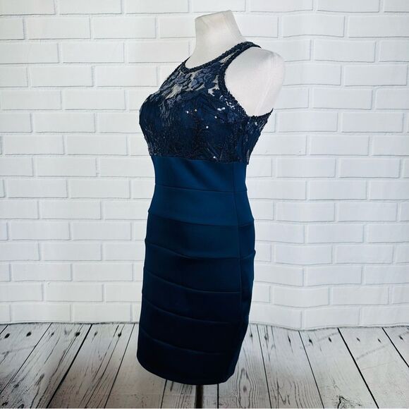 Sequin Hearts Navy Blue Sequin Bodycon Midi Dress - Size 7 - Picture 4 of 16